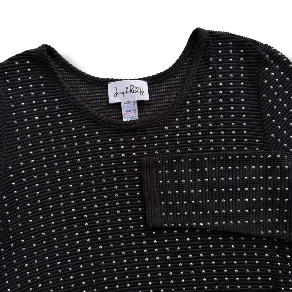Joseph Ribkoff Sz 14 Black Silver Studded Textured Knit High Low Tunic Top Bling